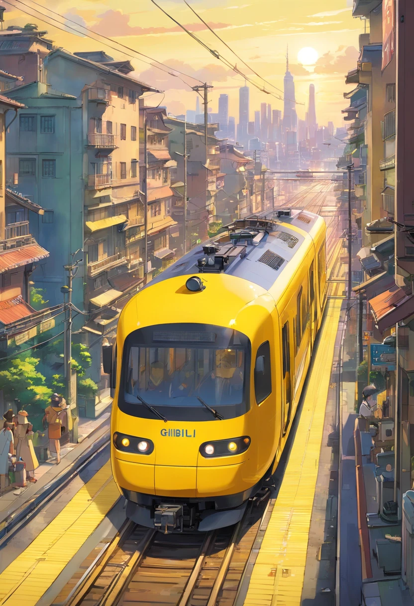 A high-resolution image showcasing a sleek yellow train speeding along the electric railway, with a blurred background of the bustling cityscape, capturing the dynamic and fast-paced nature of urban transportation