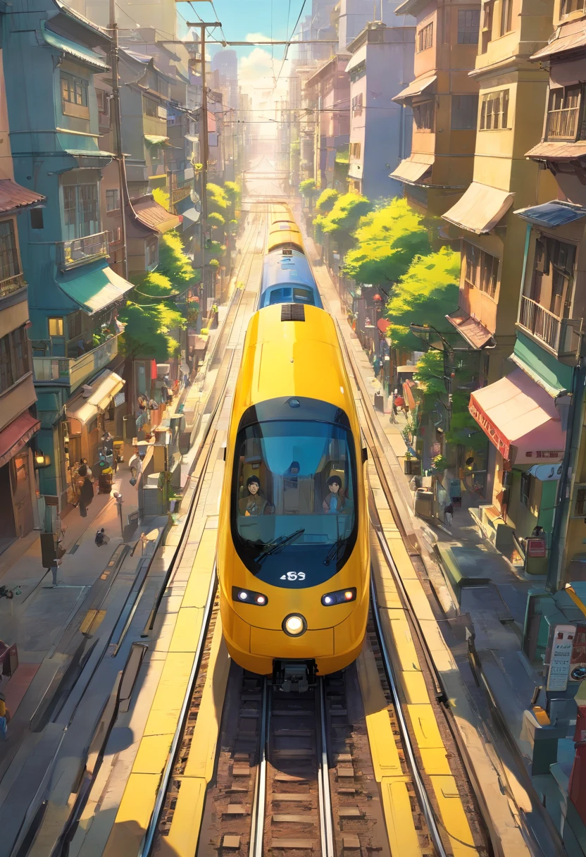 A high-resolution image showcasing a sleek yellow train speeding along the electric railway, with a blurred background of the bustling cityscape, capturing the dynamic and fast-paced nature of urban transportation