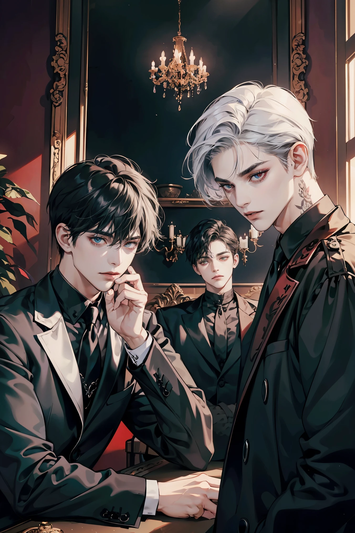 Friends, 3 boys, brothers, sitting together, Goth clothing, goth style living room, vampire, different hair color, red eyes, side by side, upper body, Ray tracing, Best Quality, dramatic shadows, Cinematic lighting, eyes looking into camera