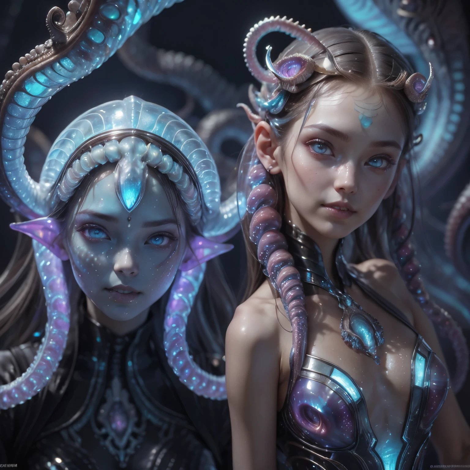 best quality, masterpiece, ultra high resolution, (photos realistic:1.7), scary and sexy detailed art in color, Portrait, (beautiful and obscene female alien:1.4), (vulgarity1.3), (she has red eyes with no pupils:1.2), (She has translucent pale skin:1.3), (There is a female genital-like organ in the middle of the forehead:1.95), (She has the most beautiful face in the history of the universe:1.2), (She has multiple bioluminescent organs on the side of her tentacles:1.4), (Her body is covered with an iridescent exoskeleton:1.3), (She is showing her arm pits:1.4), an evil gaze that seduces, (large mouth:1.1), (sharp teeth like a vampire:1.2), Full body portrait, (bio luminescent:1.5), (Smile wickedly:1.3), (sexypose:1.5), alien, No humans, cells are fused, (There are lots of translucent tentacles from her head:1.3) extraterrestrial, cell, bio image, best quality, 8K,In 4K_quality, High freshness, Dramatic Lighting, cinematic quality, detail up, (exquisite details:1.2), High freshness, drawing faithfully, (Thick eyebrows:1.2), Beautiful eyes with fine symmetry,(Highly detailed face and eyes:1.2),(Super detailed skin quality feeling:1.1), perfect anatomy, (Beautiful toned body:1.5), (Moist skin:1.2), not wearing makeup, (dark circles:1.1), long canines, cinematic drawing of characters, cinematic quality, detail up, (exquisite details:1.2), high resolution, High freshness, drawing faithfully, official art, Unity 8K Wall paper, ultra detailed artistic photography, midnight aura, unreal engine 5, Ultra Sharp Focus, art by Amano Yoshitaka, ArtGerm, Roisch, intricate artwork,ultra realistic realism, dream-like, nautilus, Creation of fantasy, dream Snail, (biopunk nautilus:1.3),Thrilling color schemes, seductively smiling, Blue tentacles, Amazing mutation, well-proportioned body, goddess of the deep sea, fractal, Geometric pattern, impossible figures, (white tentacles with blue stripes:1.2), subtle emerald green accents, (expression of ecstasy:1.2)