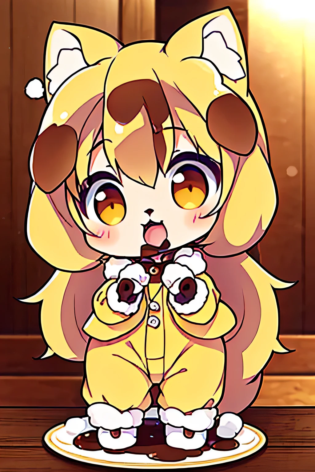 boy, bear, furry, bodyfur, tail, yellow polo shirts, bottomless, penis, testicles, yellow gloves, yellow boots, chibi, sparkling eyes, peeing, from below