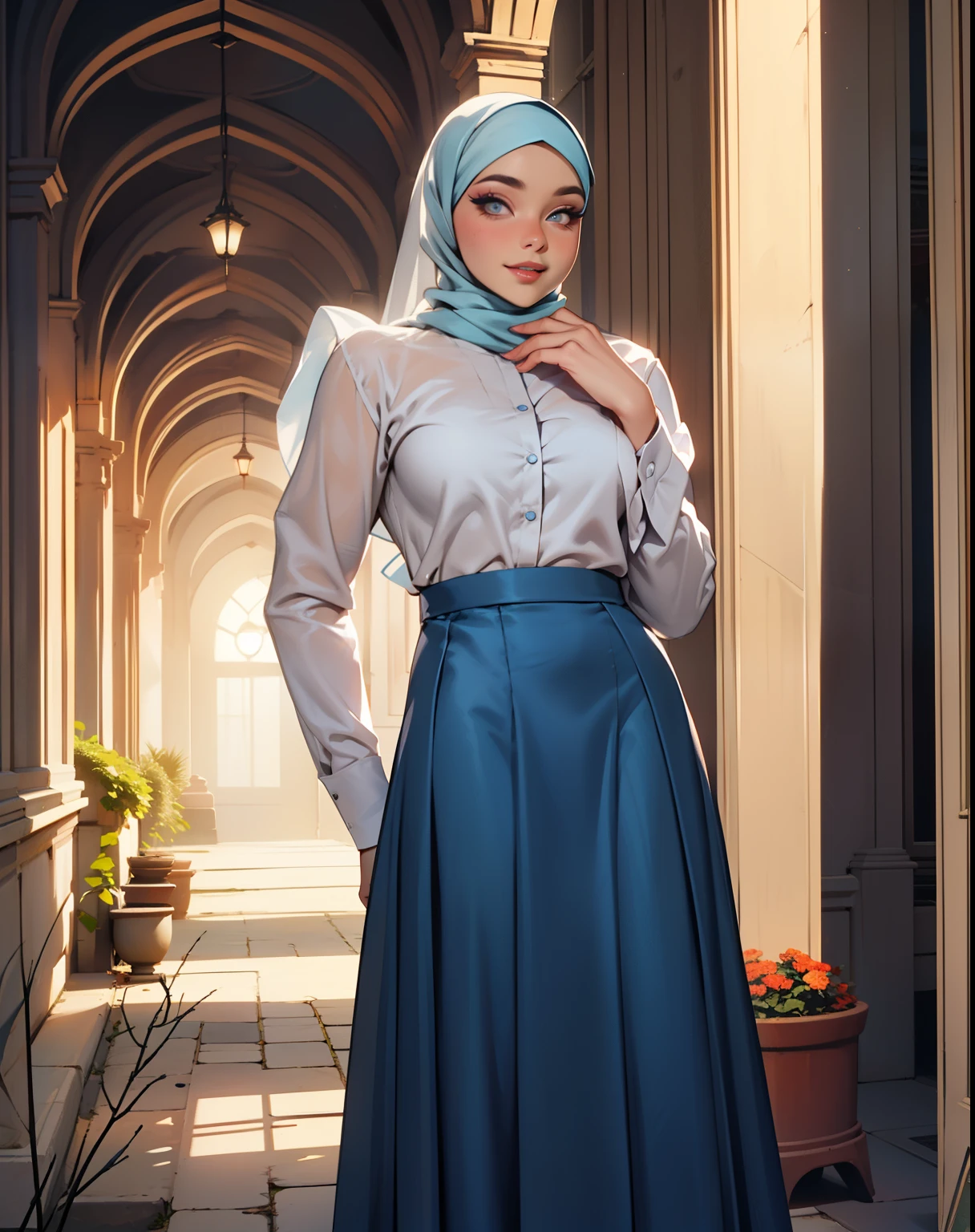 ((Masterpiece, best quality, photography, detailed skin, realistic, photo-realistic, 8k, highly detailed, full length frame, High detail RAW color art, diffused soft lighting, shallow depth of field, sharp focus, hyperrealism, cinematic lighting, close up)); hijab, a woman in a ((blue satin shirt)), ((silver satin hijab)),posing for a picture ,wearing floral satin pario skirt