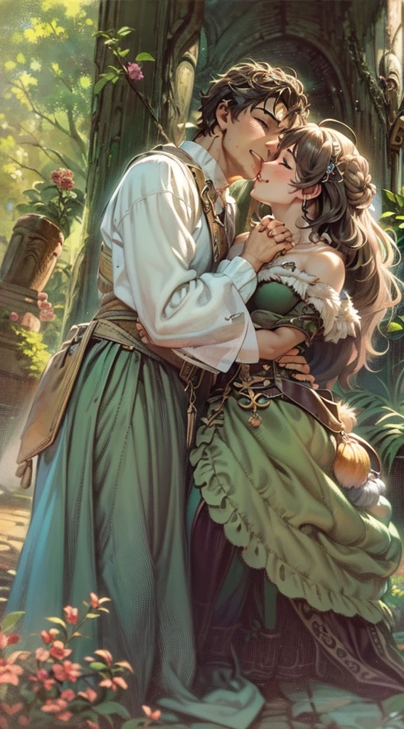 (ultra-detailed, highres, 1.37), (HDR, vivid colors), couple in love, riamu and guts, a beautiful sunny day in the park, husband and wife enjoying a romantic picnic under a shady tree. The couple's affectionate gestures and loving smiles create a heartwarming atmosphere. The sunlight softly illuminates their faces, highlighting their beautiful eyes and joyful expressions. The composition captures a tender moment as the husband leans in to plant a gentle kiss on his wife's cheek. The scene is filled with happiness and love, with colorful flowers in full bloom and a gentle breeze rustling the leaves. The vibrant colors and realistic details bring the image to life, creating a stunning masterpiece that perfectly captures the essence of a blissful couple's love and affection.,(best quality,4k,8k,highres,masterpiece:1.2),ultra-detailed,(realistic,photorealistic,photo-realistic:1.37),traditional oil painting,romantic evening scene,soft lighting,vivid colors,expressive brushstrokes,late summer sunset,whispering sweet nothings,gentle breeze,dreamlike atmosphere,glowing warmth,subtle smiles,loving gazes,delicate touch,fingers intertwined,heartfelt connection,embrace that speaks volumes,endless love,unbreakable bond,pure happiness,eternal love,deep affection,contentment in each other's arms,goosebumps of joy,cheeks filled with blush,a moment frozen in time,celebration of love's beauty, berserk, idolm@ster,standing, medieval clothing, long skirt, (best quality, masterpiece:1.2), ultra-detailed, (, 1.37), portraits, vivid colors, warm tones, sharpteeth open mouth, smile, soft lighting, Renaissance, Neoclassicism, interior architecture, rococo style, Art Deco, high detail, American propaganda poster, Baroque, Contemporary art, Constructivism, Dutch Golden Age painting, Northern Renaissance, Monet, Luminism, Ghibli-like colours, Classicism, Art Nouveau, anime style, Post-Impressionism, Pixar, Verism, pre-rephaëlite painting, Fujicolor, ray tracing, 4k, 8k, highres, best quality,