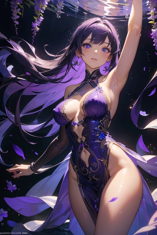 {{{{masterpiece}}}}, {{{super detailed}}}, {{{High resolution}}}, {{excellent anatomy}}, (((highest quality))), ((very delicate and beautiful)), {{very detailed and delicate}}, {8k cg wallpaper},((detailed background))One female、best style、beautiful woman、The most beautiful woman in the world、Purple flowers are blooming on the purple lake surface, soft purple glow, Purple light, (purple wisteria forest), wisteria season, art, shining purple, Purple petals are dancing everywhere、 The blossoming path to heaven, purple glow、Purple water、purple reflective water surface、purple light、(transparent sheer dress:1.0),((big breasts))、show through、waterside and wisteria、Detailed design、beautiful design、sexy pose、Sheer skin、shape of nipple
