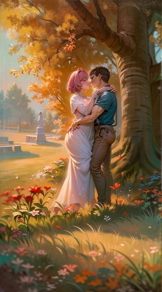 (ultra-detailed, highres, 1.37), (HDR, vivid colors), couple in love, riamu and guts, a beautiful sunny day in the park, husband and wife enjoying a romantic picnic under a shady tree. The couple's affectionate gestures and loving smiles create a heartwarming atmosphere. The sunlight softly illuminates their faces, highlighting their beautiful eyes and joyful expressions. The composition captures a tender moment as the husband leans in to plant a gentle kiss on his wife's cheek. The scene is filled with happiness and love, with colorful flowers in full bloom and a gentle breeze rustling the leaves. The vibrant colors and realistic details bring the image to life, creating a stunning masterpiece that perfectly captures the essence of a blissful couple's love and affection.,(best quality,4k,8k,highres,masterpiece:1.2),ultra-detailed,(realistic,photorealistic,photo-realistic:1.37),traditional oil painting,romantic evening scene,soft lighting,vivid colors,expressive brushstrokes,late summer sunset,whispering sweet nothings,gentle breeze,dreamlike atmosphere,glowing warmth,subtle smiles,loving gazes,delicate touch,fingers intertwined,heartfelt connection,embrace that speaks volumes,endless love,unbreakable bond,pure happiness,eternal love,deep affection,contentment in each other's arms,goosebumps of joy,cheeks filled with blush,a moment frozen in time,celebration of love's beauty, berserk, idolm@ster,standing, medieval clothing, long skirt, (best quality, masterpiece:1.2), ultra-detailed, (, 1.37), portraits, vivid colors, warm tones, sharpteeth open mouth, smile, soft lighting, Renaissance, Neoclassicism, interior architecture, rococo style, Art Deco, high detail, American propaganda poster, Baroque, Contemporary art, Constructivism, Dutch Golden Age painting, Northern Renaissance, Monet, Luminism, Ghibli-like colours, Classicism, Art Nouveau, anime style, Post-Impressionism, Pixar, Verism, pre-rephaëlite painting, Fujicolor, ray tracing, 4k, 8k, highres, best quality,