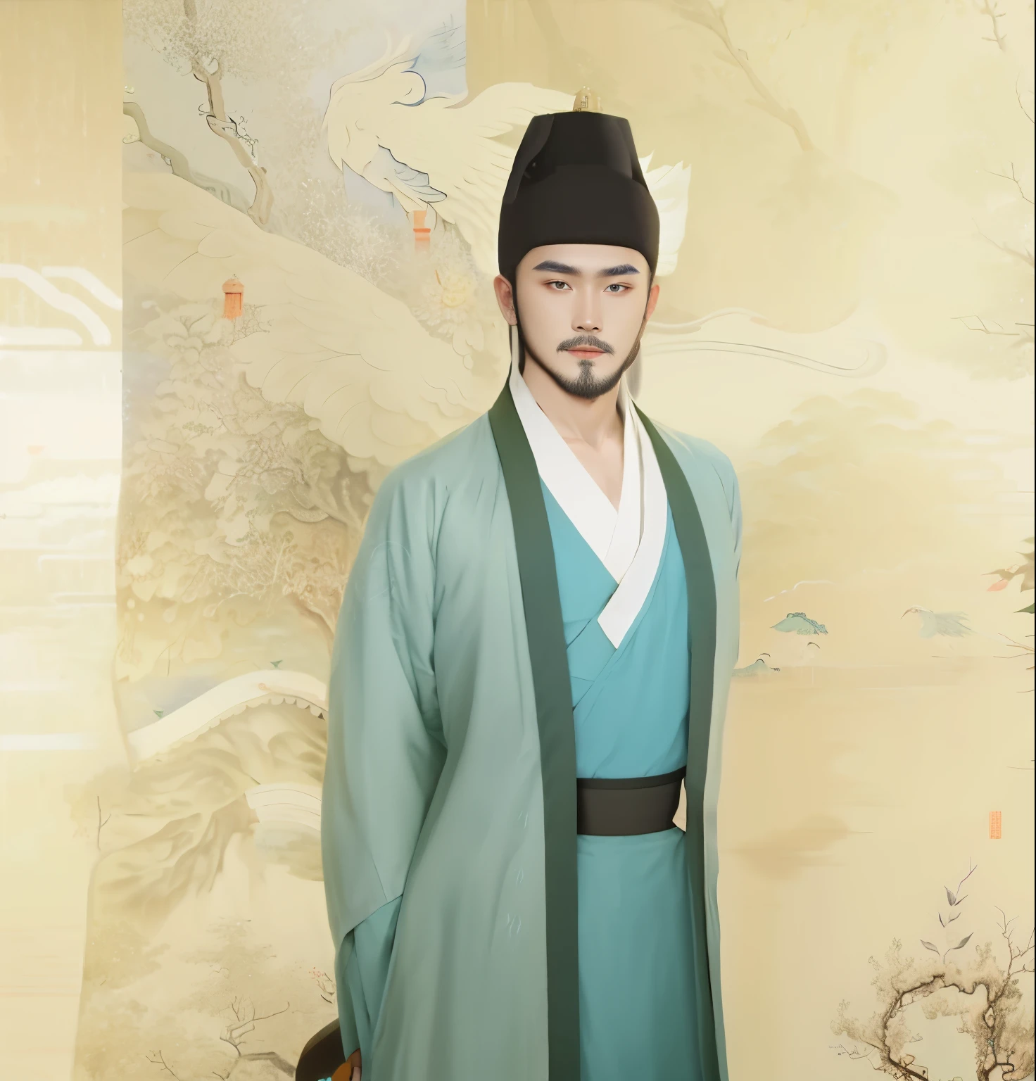 with a beard、Wearing blue and green hanbok、Portrait of Liu Yuxi wearing black hat, wearing chinese clothes, inspired by Wu Daozi, Chinese traditional clothing, Inspired by Gu An, zhang daqian, Inspired by Song Huizong, hanfu, style of guo hua, Inspired by Emperor Xuande, Pair with Chinese clothing