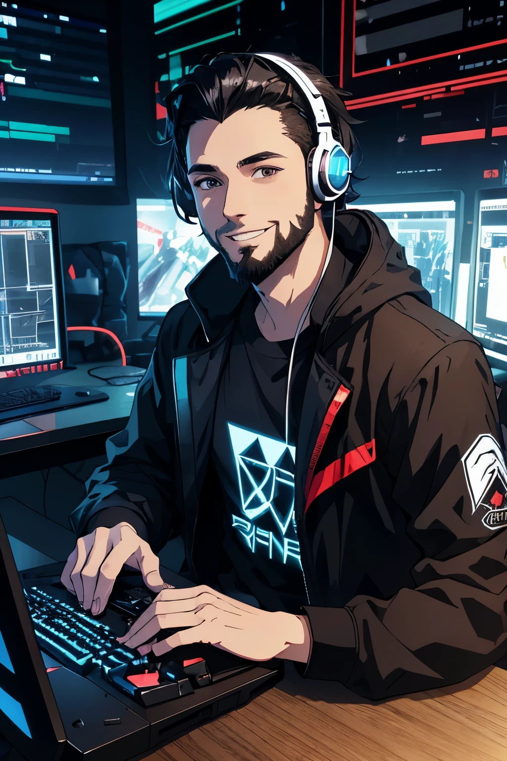 a young man a gamer sitting in front of his RGB gaming table in an 8k manga, a 3d model for a man webdeveloper porfolio, portrait,4k, cyberpunk color palette, white man,frizzy black hair, beard, brown eyes, headset, gamer, smiling