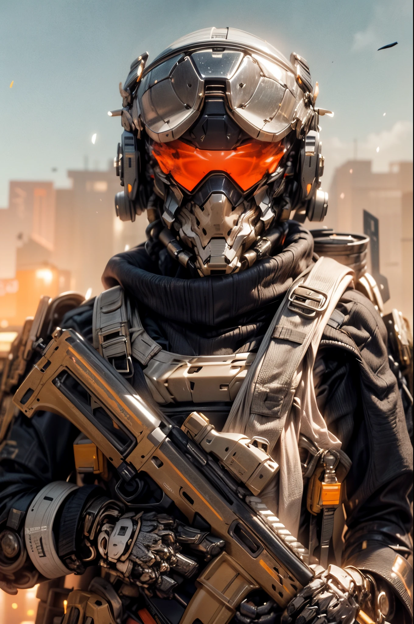 (((An epic and visually stunning digital anime masterpiece:1.5, art piece featuring a ((mid 30’s feminine male:1.5)) elegant military mechanical ((demon)) soldier clad in a sleek yet tactical decorated military trench coat:1.5))), (((flat masculine male chest, beautifully elegant military mechanical mecha head with elegant mechanical mecha face:1.6, narrow orange bar visor:1.5))), (((the character is clothed in a scifi tactical double breasted trench coat with a built in exoskeleton:1.6))), (((over a form fitted armor plated yet super sleek and sensually revealing under suit, waist and thighs exposed:1.6))), ((The image showcases the intricacies of the character’s armor and clothing:1.4)), ((capturing their flamboyant feminine essence and heavy mechanical art deco aesthetic:1.5)), ((The character also possesses a more masculine androgynous charm:1.4)), (((with a toned yet heavily muscled gorgeous feminine physique:1.4, a sleek waist:1.4, mesomorphic mechanical muscular torso, toned yet beautifully sleek mechanical arms and legs with thick thighs:1.6, mechanical muscles))), ((looking at viewer)), (((brass metal armor and brown leather))), ((((depth of field, cinematic lighting, chromatic aberration, ray tracing, UHD, masterpiece, top of head covered, super detail, high details, high quality, award winning, 8k, highres)))), (((dieselpunk:1.4, decopunk:1.4, artificial muscle:1.5)))