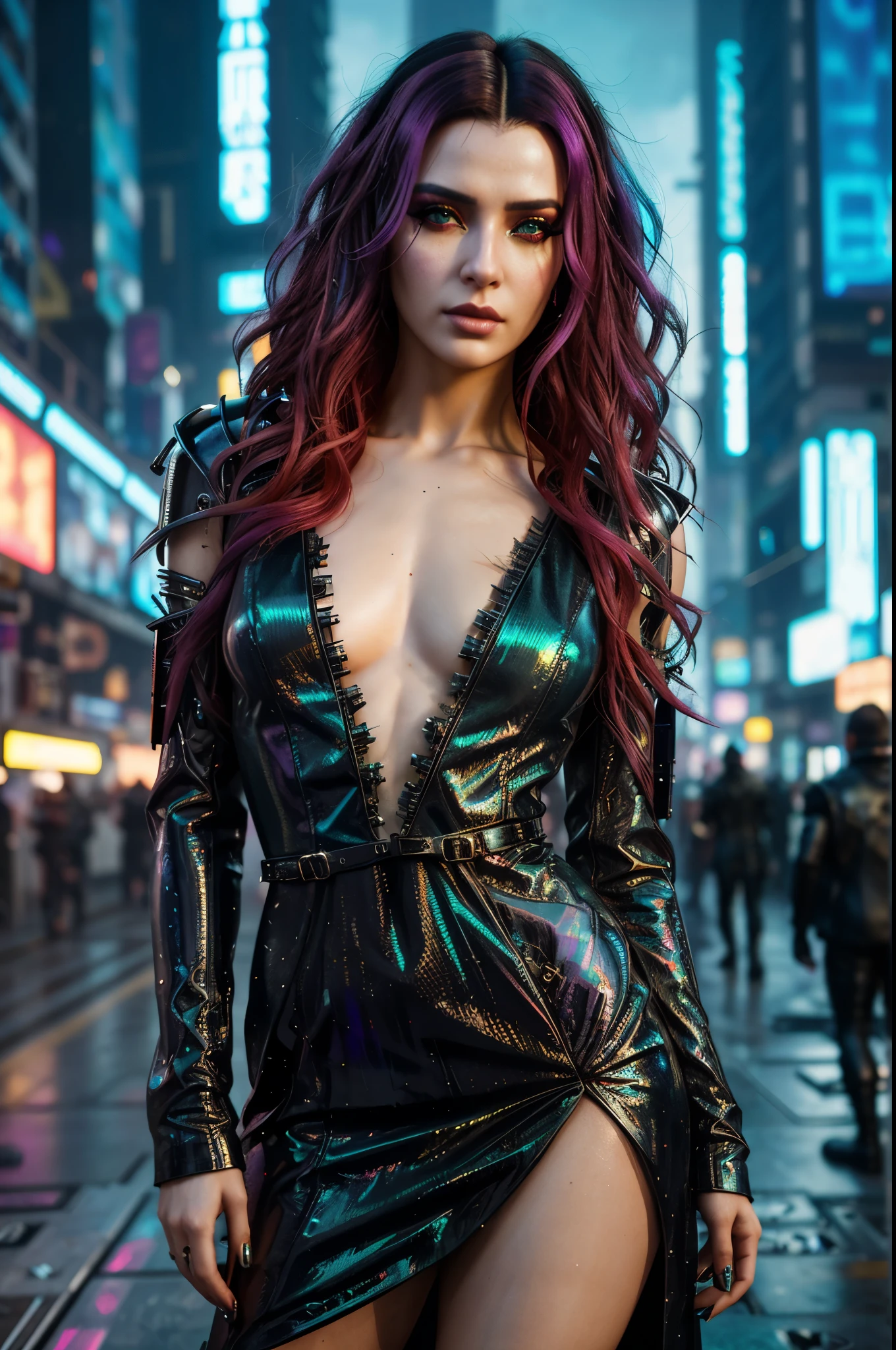 arafed woman in a shiny dress posing on a city street, seductive cyberpunk dark fantasy, cyberpunk 2 0 y. o model girl, beautiful cyberpunk woman model, cyberpunk beautiful girl, in cyberpunk city, karol bak uhd, cyberpunk art ultrarealistic 8k, cyberpunk girl, dreamy cyberpunk girl, cyberpunk angry gorgeous goddess, cyberpunk photo, beauty blade runner woman