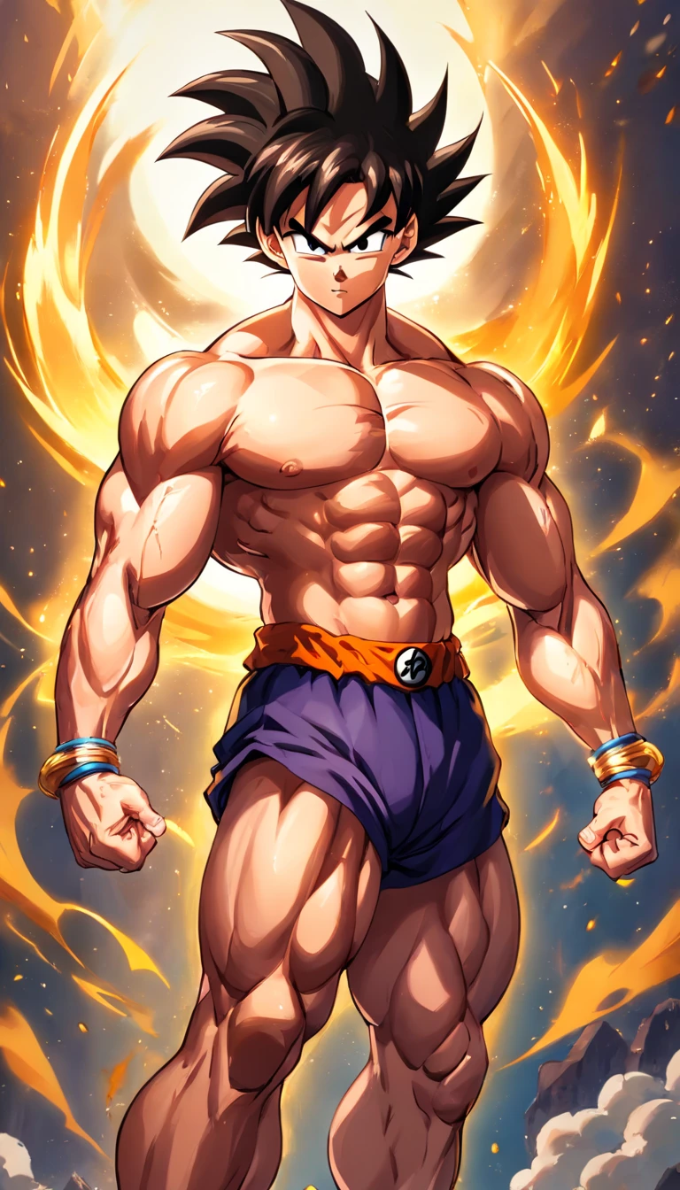 Goku Dragon Ball Super , Full body, (((Super stark, muscular, Unterhose,Abs, Bodybuilder, Barefoot))) farbig, Illustration, Sanfte Beleuchtung, weiche Details, Painting oil on canvas, Oktanputz, HDR, Trend auf ArtStation, 4K, 8 TAUSEND, HD