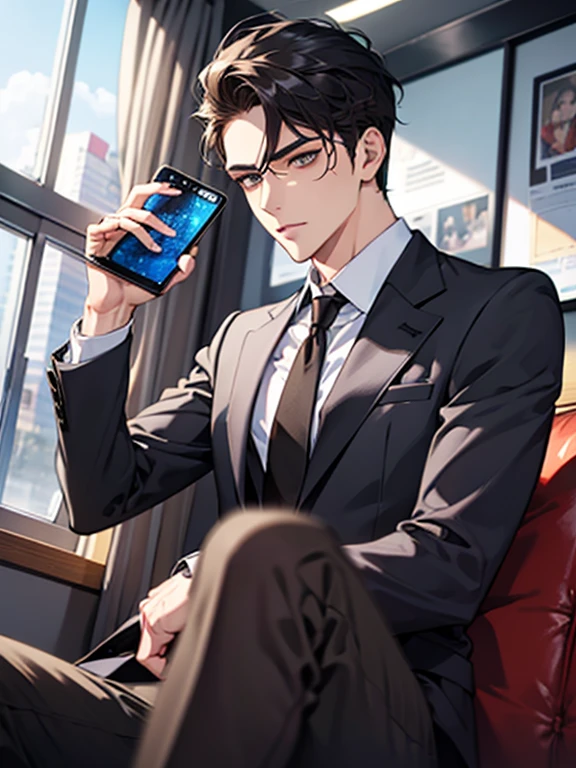 A handsome boy, 20 years old, sitting on a luxury sofa in the office, behind a floor-to-ceiling window, a serious face, medium hair, wearing a black suit and shirt, holding a mobile phone in his hand to make a call