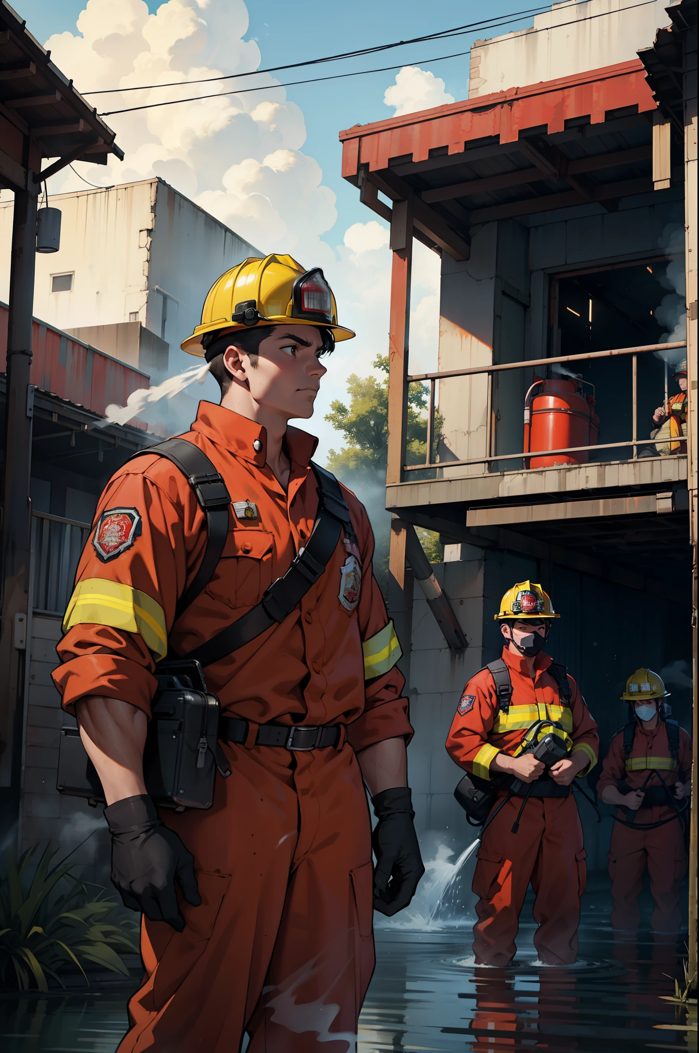 disaster,(Fearful:1.3) A firefighter, Red hard hat,Red life jacket,life raft,From behind, Run-down town,In the ruins,floods,downpours,save,grieves,Rainy weather,City lights reflect damp parts,Mikasa
