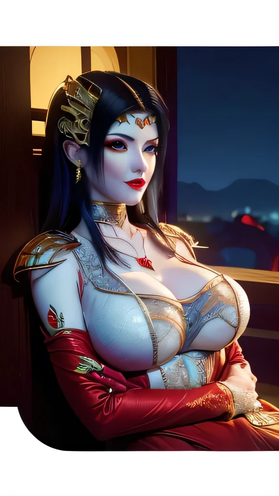 1 extremely beautiful bride, ((wearing a red wedding dress:1.6)), (((jewels decorated on wedding dresses:1.6))), ((long black hair:1.6)), jewelry elaborately made from precious stones and beautiful hair, ((wearing a 24k gold lace necklace:1.4))), ((A thin red silk scarf covers half of the face:1.5)), the noble, noble style of an extremely beautiful girl, her small face is super cute, her face is very pretty, thin eyebrows, flawless beautiful face, ((black eye pupils: 0.8)), very beautiful eyes, ((platinum blue eyes: 1.6)), (((big round eyes:1.6))), nice makeup and hair detailed eyelashes, steamy eye makeup, high nose, earrings, red lips, ((closed mouth: 1.5)) beautiful lips, slim hands, most beautiful thighs, ((arms spread out to the sides: 1.5)), rosy face, clean face, flawless beautiful face, smooth white skin, (big breasts: 1.5)), ((high breasts: 1.6)), tight breasts, beautiful cleavage, (((big breasts and super round: 1.8))), ((super tight breasts: 1.7)) , beautiful breasts, perfect body, back arms, chest out, thin black mesh stockings with black lace trim, 8k photo, super high quality, super realistic, super 10x pixels, optical, bright studio, bright edges, dual-tone lighting, (high-detail skin:1.2), super 8k, soft lighting, high quality, volumetric lighting, photorealistic, photorealistic high resolution, lighting, best photo, 4k, 8k quality, blur effect, smooth sharp, 10 x pixel, ((sea and moonlight at night background:1.5)), aurora, lightning, super graphics realistic, most realistic graphics, 1 girl, alone, solo, Extremely sharp image, surreal, (((frontal portrait: 1)))."/