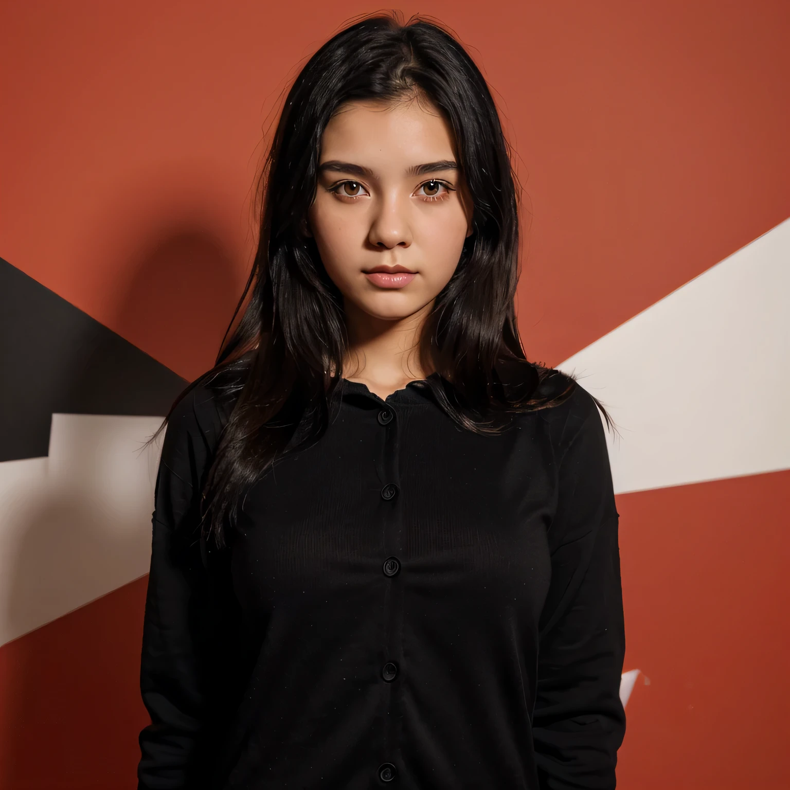 17 year old girl, beautiful and cute, black hair, black office clothes, photo ID card, half body upright facing forward, red background
