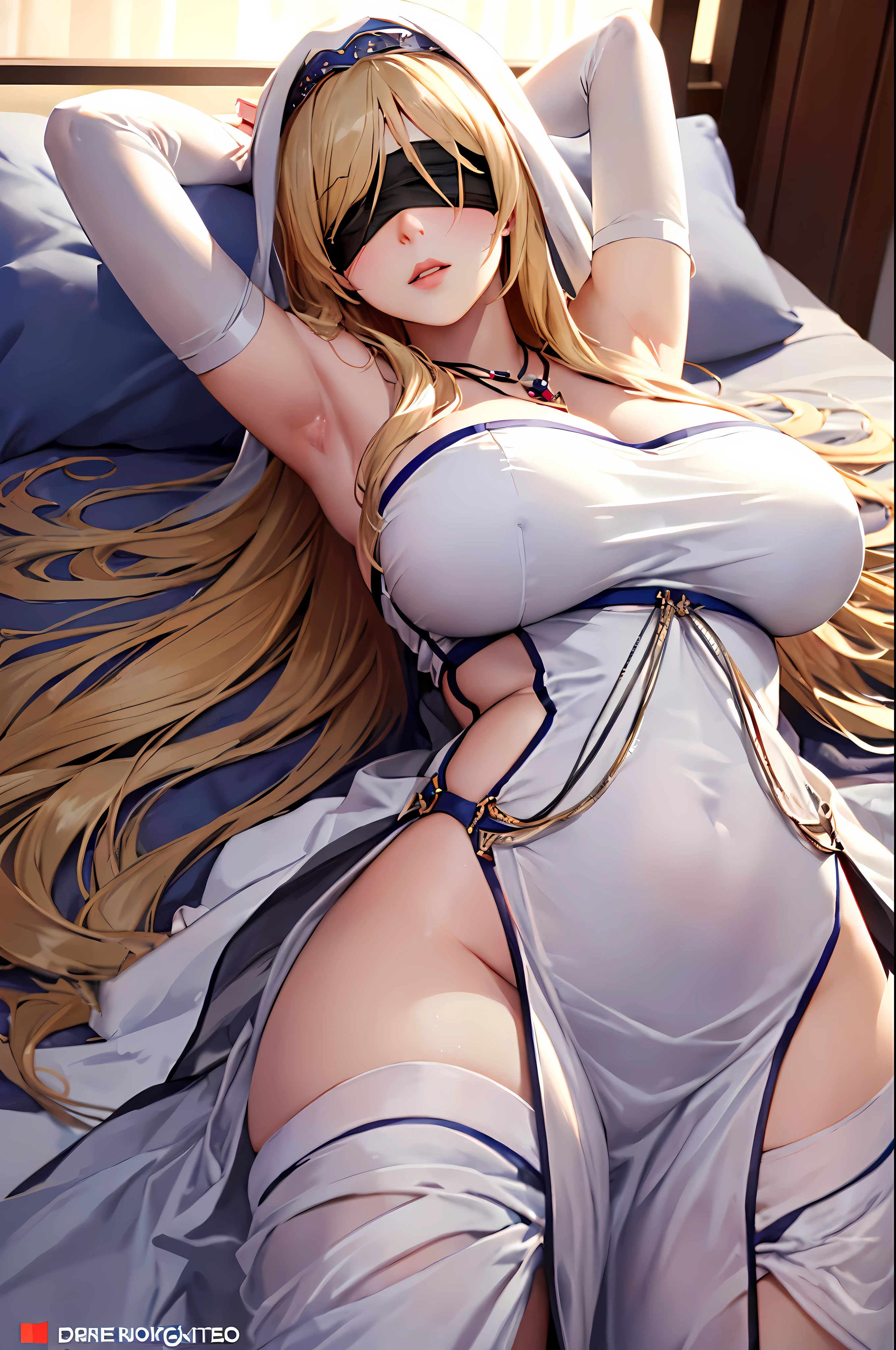 sword_miss,sword miss, 긴 head, blonde hair, blindfold, (black blindfold:1.2), dress, necklace, white dress, habit, 긴 head, big bust, dress, white dress, bijouterie, very 긴 head, Bridal Gauntlet, separated sleeves, Gloves, best quality, looking at viewer, sharp focus, (8 thousand), (4K), (masterpiece), (best quality), (realistic skin texture), very detailed, very detailed, , illustration, soft lighting, , high resolution, sharp details, blush, inside, queen&#39;s bedroom, ,in bed , afternoon, royal bedroom, (in bed 누워,throw,from above:1.3), (weapon_behind_head:1.4)