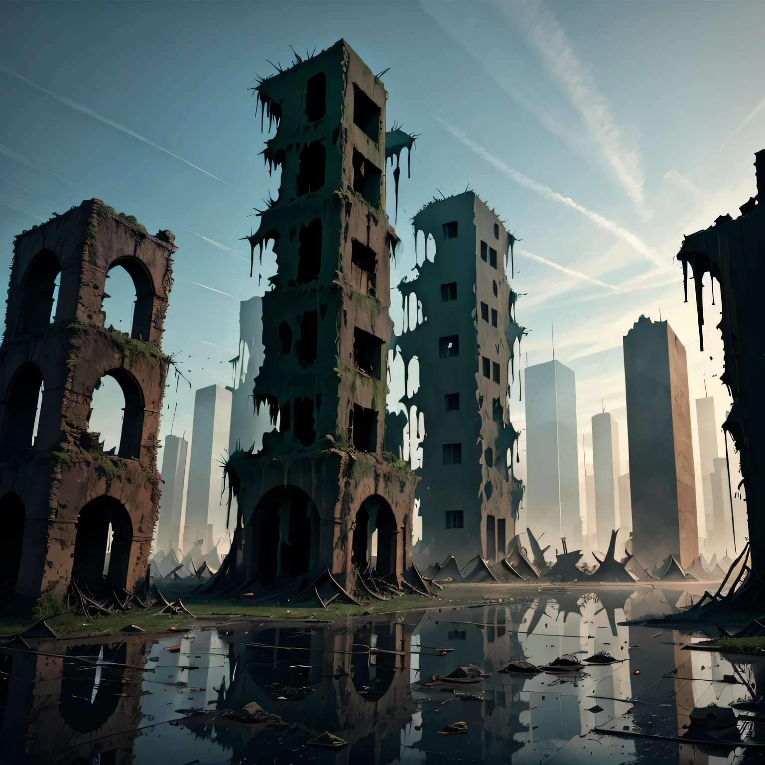 Ruins of a city covered in black goo