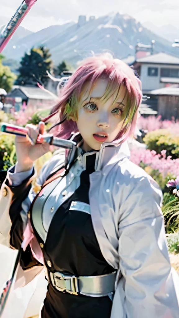 anime girl with pink hair and green eyes in a field of flowers, haruno sakura, demon slayer rui fanart, sakura haruno in slug sage mode, kimetsu no yaiba, the non-binary deity of spring, today's featured anime still, sakura haruno, official art, illustrious makinami, demon slayer artstyle, sakura kinomoto