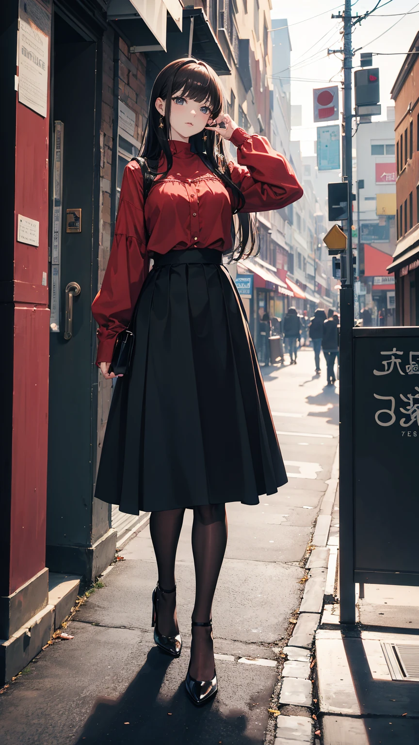 ((masterpiece, high resolution, best quality, best details, anime)), a woman standing on the street, dressed in a long skirt, leather jacket, red blouse and pumps high heels, (((long loose black skirt))), leather jacket black, pumps platform high heels, ((pantyhose)), long straight hair, light brown hair, silver eyes, street landscape, (((ankle length skirt))), fabric skirt, fabric blouse, ((full skirt without openings)), curvy body,