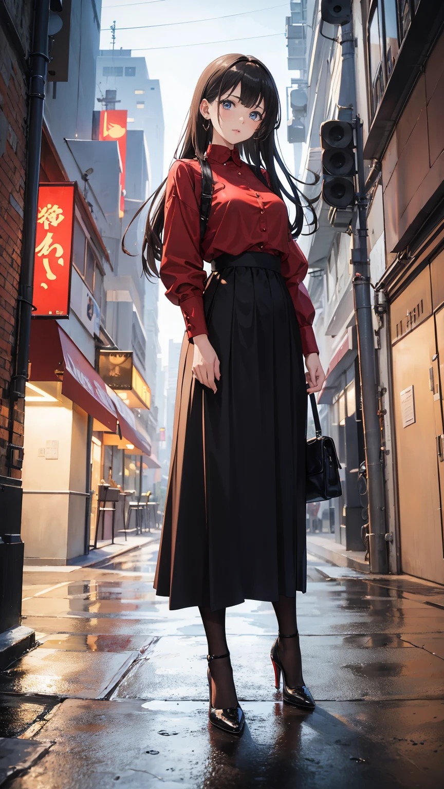 ((masterpiece, high resolution, best quality, best details, anime)), a woman standing on the street, dressed in a long skirt, leather jacket, red blouse and pumps high heels, (((long loose black skirt))), leather jacket black, pumps platform high heels, ((pantyhose)), long straight hair, light brown hair, silver eyes, street landscape, (((ankle length skirt))), fabric skirt, fabric blouse, ((full skirt without openings)), curvy body,