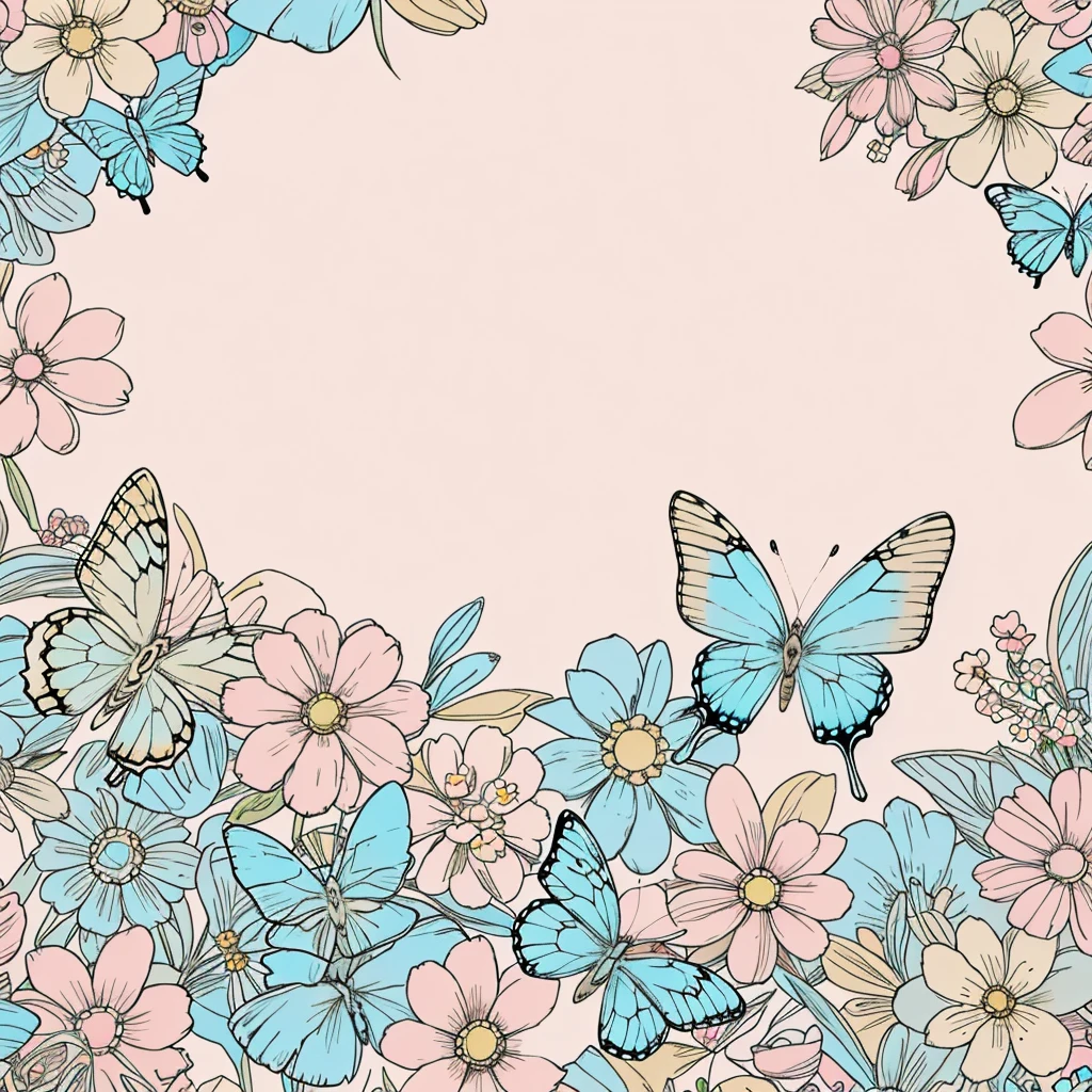 Wallpaper with varied flowers, in pastel, blue, pink and beige tones. In the image put butterflies. The background of the image must be white.