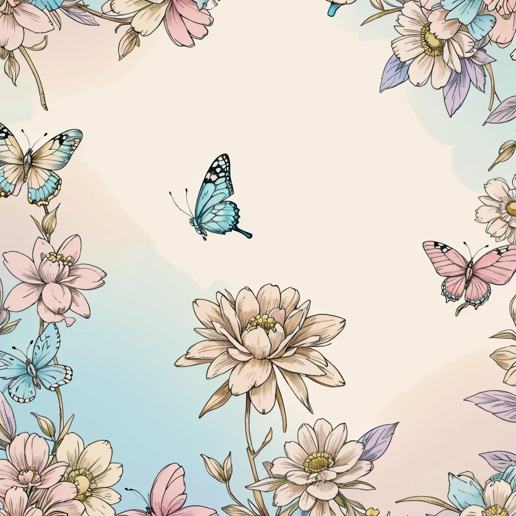 Wallpaper with varied flowers, in pastel, blue, pink and beige tones. In the image put butterflies. The background of the image must be white.