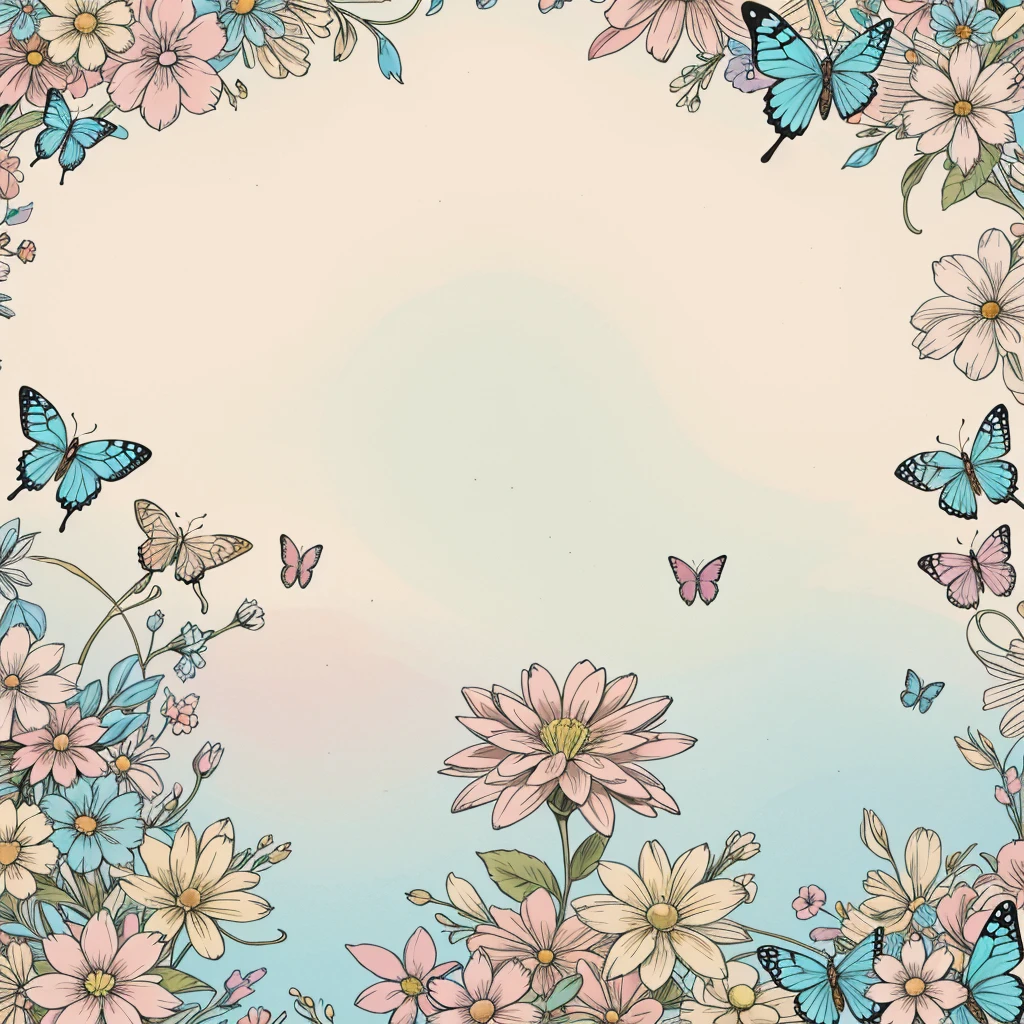 Wallpaper with varied flowers, in pastel, blue, pink and beige tones. In the image put butterflies. The background of the image must be white.