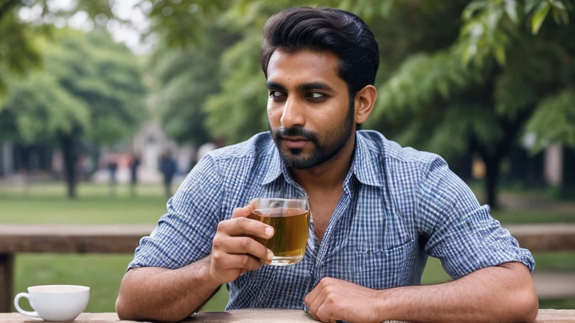 Handsome Indian man wearing check shirt drinking tea at Indian village