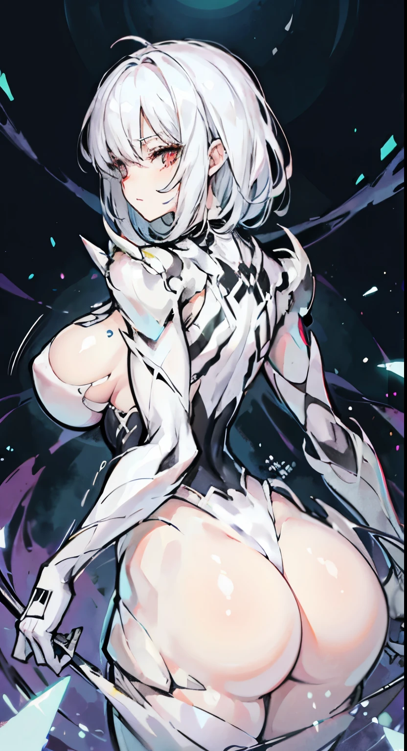 white hair,big sister,tall figure,Extra large breasts,Cocked buttocks,symbiont,bone armor,SVGM,facing away