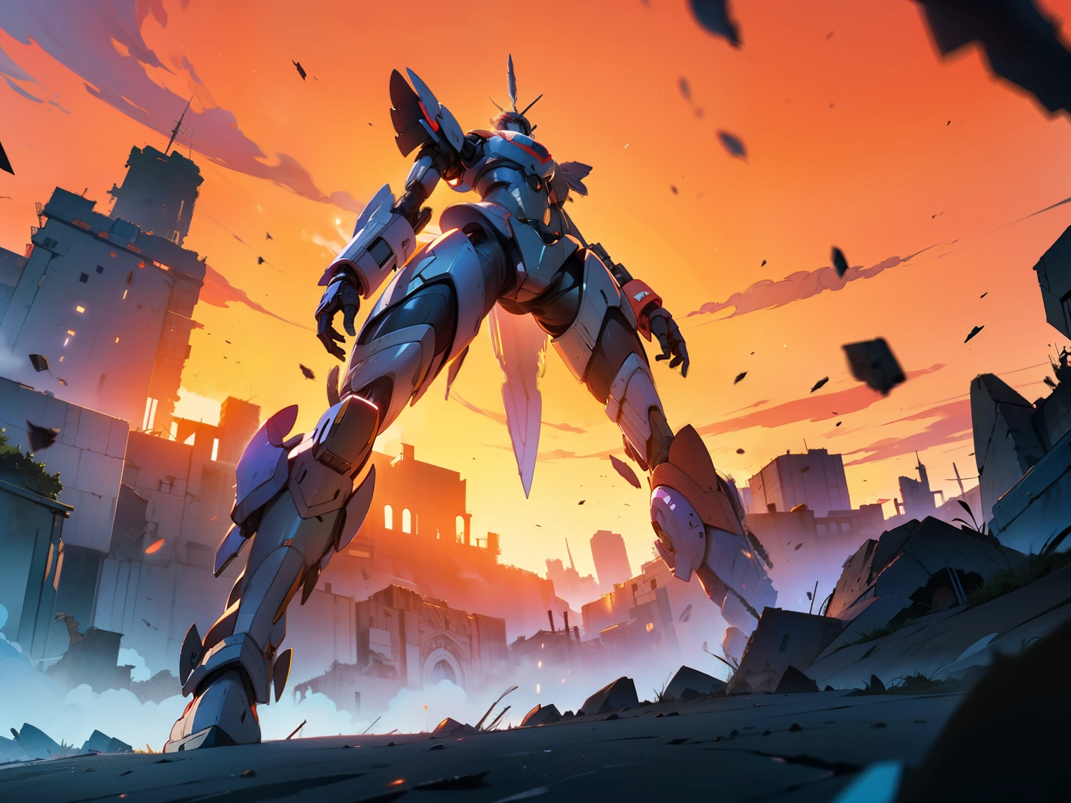 A run-down city, battlefield, ruin, The smoke is filling, Broken Giant Robot, Orange sky, dust, Shine, starry, from below, wide shot, cinematic lighting, blurred, ultra wide angle, Best quality, 8K