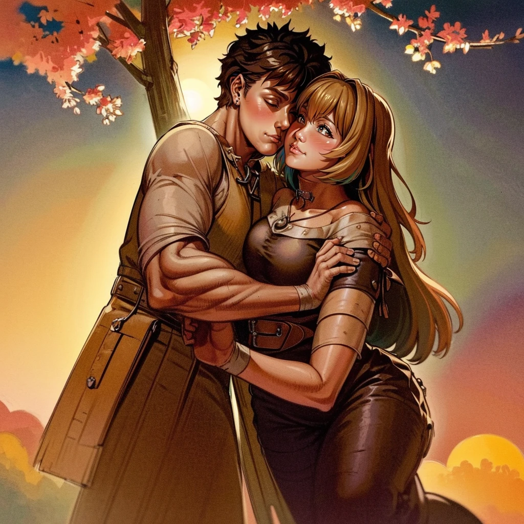 (ultra-detailed, highres, 1.37), (HDR, vivid colors), couple in love, riamu and guts, a beautiful sunny day in the park, husband and wife enjoying a romantic picnic under a shady tree. The couple's affectionate gestures and loving smiles create a heartwarming atmosphere. The sunlight softly illuminates their faces, highlighting their beautiful eyes and joyful expressions. The composition captures a tender moment as the husband leans in to plant a gentle kiss on his wife's cheek. The scene is filled with happiness and love, with colorful flowers in full bloom and a gentle breeze rustling the leaves. The vibrant colors and realistic details bring the image to life, creating a stunning masterpiece that perfectly captures the essence of a blissful couple's love and affection.,(best quality,4k,8k,highres,masterpiece:1.2),ultra-detailed,(realistic,photorealistic,photo-realistic:1.37),traditional oil painting,romantic evening scene,soft lighting,vivid colors,expressive brushstrokes,late summer sunset,whispering sweet nothings,gentle breeze,dreamlike atmosphere,glowing warmth,subtle smiles,loving gazes,delicate touch,fingers intertwined,heartfelt connection,embrace that speaks volumes,endless love,unbreakable bond,pure happiness,eternal love,deep affection,contentment in each other's arms,goosebumps of joy,cheeks filled with blush,a moment frozen in time,celebration of love's beauty, berserk, idolm@ster,standing, medieval clothing, long skirt, (best quality, masterpiece:1.2), ultra-detailed, (, 1.37), portraits, vivid colors, warm tones, sharpteeth open mouth, smile, soft lighting, Renaissance, Neoclassicism, interior architecture, rococo style, Art Deco, high detail, American propaganda poster, Baroque, Contemporary art, Constructivism, Dutch Golden Age painting, Northern Renaissance, Monet, Luminism, Ghibli-like colours, Classicism, Art Nouveau, anime style, Post-Impressionism, Pixar, Verism, pre-rephaëlite painting, Fujicolor, ray tracing, 4k, 8k, highres, best quality,