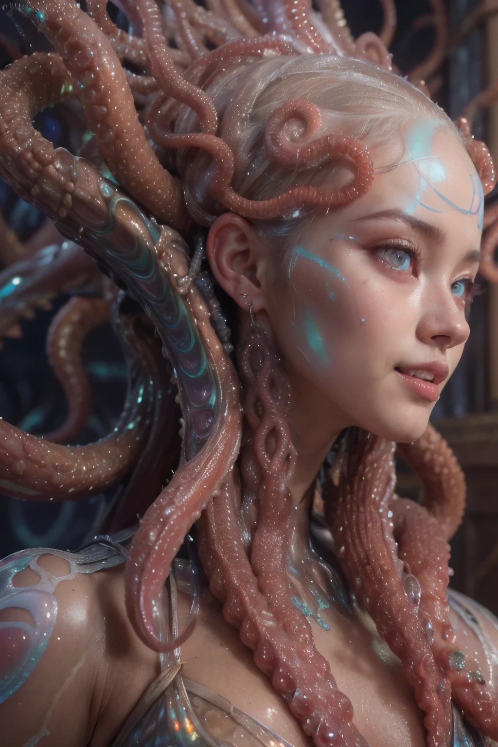 (1 beautiful and obscene female alien:1.4), (There is a female genital-like organ in the middle of her forehead:1.95), SHe has medusa-like hair, (there are lots of translucent tentacles from her head like her hair:1.8), (vulgarity1.7), (she is looking at viewers with glowing red eyes with no pupils:1.8), (She has translucent pale skin:1.7),(She has the most beautiful face in the history of the universe:1.2), (She has multiple bioluminescent organs on the side of her tentacles:1.4), (Her body is covered with an iridescent exoskeleton:1.6), (She is showing her arm pits:1.4), an evil gaze that seduces, (large mouth:1.1), (sharp teeth like a vampire:1.2), Full body portrait, (bio luminescent:1.5), (Smile wickedly:1.3), (sexypose:1.5), alien, No humans, cells are fused, extraterrestrial, cell, bio image, masterpiece, ultra high resolution, (photos realistic:1.7), scary and sexy detailed art in color, best quality, 8K,In 4K_quality, High freshness, Dramatic Lighting, cinematic quality, (exquisite details:1.2), High freshness, drawing faithfully, (Thick eyebrows:1.2), Beautiful eyes with fine symmetry,(Highly detailed face and eyes:1.2),(Super detailed skin quality feeling:1.4), perfect anatomy, (Beautiful toned body:1.5), (Moist skin:1.2), not wearing makeup, (dark circles:1.1), long canines, cinematic drawing of characters, cinematic quality, (exquisite details:1.2), high resolution, High freshness, drawing faithfully, official art, Unity 8K Wall paper, ultra detailed artistic photography, midnight aura, unreal engine 5, Ultra Sharp Focus, art by Amano Yoshitaka, ArtGerm, Roisch, intricate artwork,ultra realistic realism, dream-like, Creation of fantasy, dream Snail, (biopunk nautilus:1.3),Thrilling color schemes, seductively smiling, Amazing mutation, well-proportioned body, goddess of the deep sea, fractal, Geometric pattern, impossible figures,(asymmetry:1.4), (white tentacles with blue stripes:1.4), subtle emerald green accents, (expression of ecstasy:1.6)