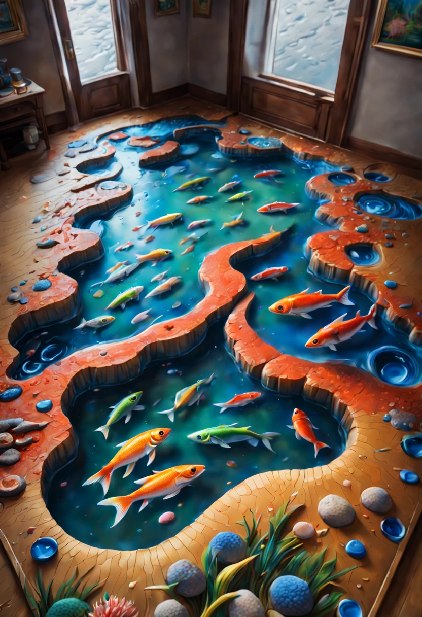(3D painting:1.5) river with fishes anamorphosis in floor in the room. Cinematic lighting, vivid colors, Miki Asai Macro photography, close-up, hyper detailed, trending on artstation, sharp focus, studio photo, intricate details, highly detailed, by greg rutkowski