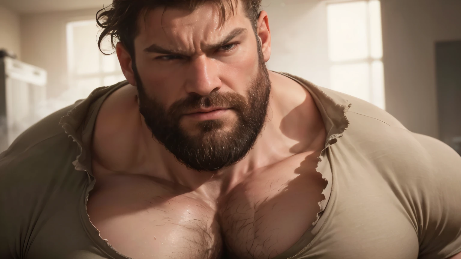 (best quality,4k,8k,highres,masterpiece:1.2),ultra-detailed,(realistic,photorealistic,photo-realistic:1.37),giant muscle man, colossal, size growth, muscle growth, intense gaze, muscular build, rugged appearance, red hair, bearded, chest hair, very angry, with tight clothes, clothes tearing, tearing your own shirt, macrophilia