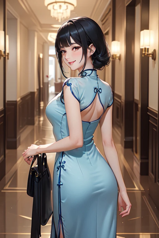 /(luxury hotel hallway/), 1lady solo (looking back from behind), mature female, /(blue cheongsam/), /(black hair/) bangs, blush kind smile, (masterpiece best quality:1.2) ultra-detailed