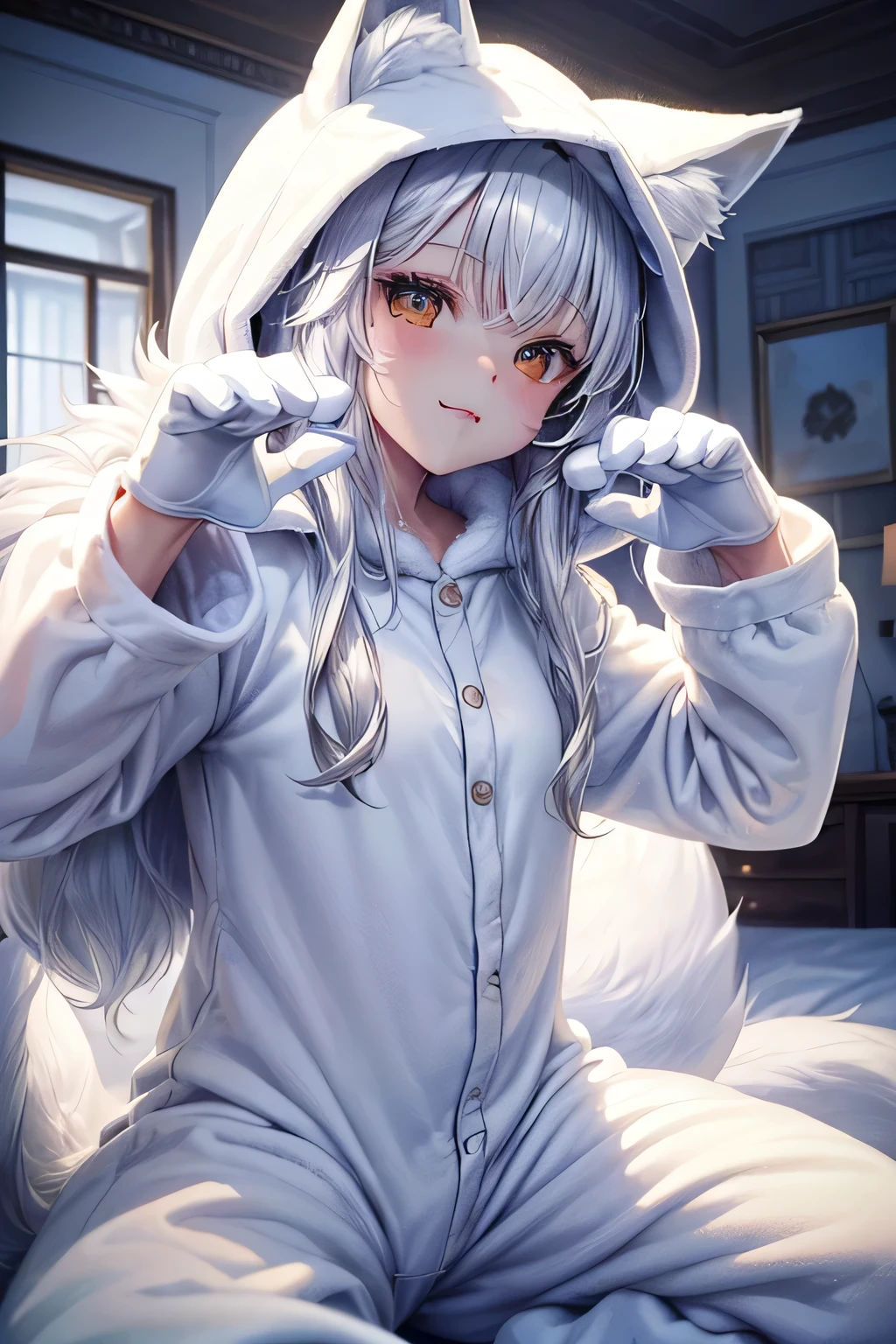 ((worst quality, low quality)), ((Close-up)), ( girl), silver hair, (Fluffy white fox kigurumi pajamas:1.4), (Open pajamas:1.2), (pale white pajamas:1.4), Animal Hoodie, (hood up:1.under the hoodie, Fox chemomimi, oversized hoodie, (fox paw gloves:1.3), five fingers, ((POW Pose:1.5)),chocolate, (chocolateまみれ:1.3), Scenery of a room decorated for a party, best quality,Super detailed, masterpiece,