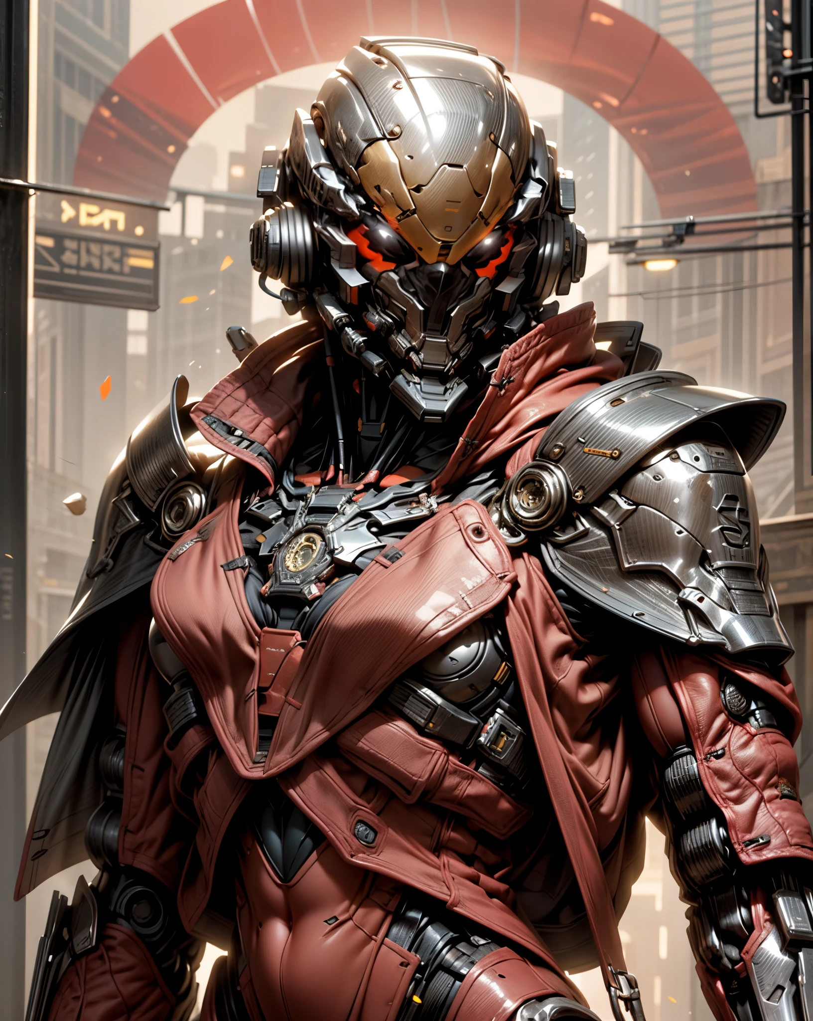 (((An epic and visually stunning digital anime masterpiece:1.5, art piece featuring a ((mid 30’s feminine male:1.5)) elegant military mechanical ((demon)) soldier clad in a sleek yet tactical decorated military trench coat:1.5))), (((flat masculine male chest, beautifully elegant military mechanical mecha head with elegant mechanical mecha face:1.6, narrow orange bar visor:1.5))), (((the character is clothed in a scifi tactical double breasted trench coat with a built in exoskeleton:1.6))), (((over a form fitted armor plated yet super sleek and sensually revealing under suit, waist and thighs exposed:1.6))), ((The image showcases the intricacies of the character’s armor and clothing:1.4)), ((capturing their flamboyant feminine essence and heavy mechanical art deco aesthetic:1.5)), ((The character also possesses a more masculine androgynous charm:1.4)), (((with a toned yet heavily muscled gorgeous feminine physique:1.4, a sleek waist:1.4, mesomorphic mechanical muscular torso, toned yet beautifully sleek mechanical arms and legs with thick thighs:1.6, mechanical muscles))), ((looking at viewer)), (((brass metal armor and brown leather))), ((((depth of field, cinematic lighting, chromatic aberration, ray tracing, UHD, masterpiece, top of head covered, super detail, high details, high quality, award winning, 8k, highres)))), (((dieselpunk:1.4, decopunk:1.4, artificial muscle:1.5)))