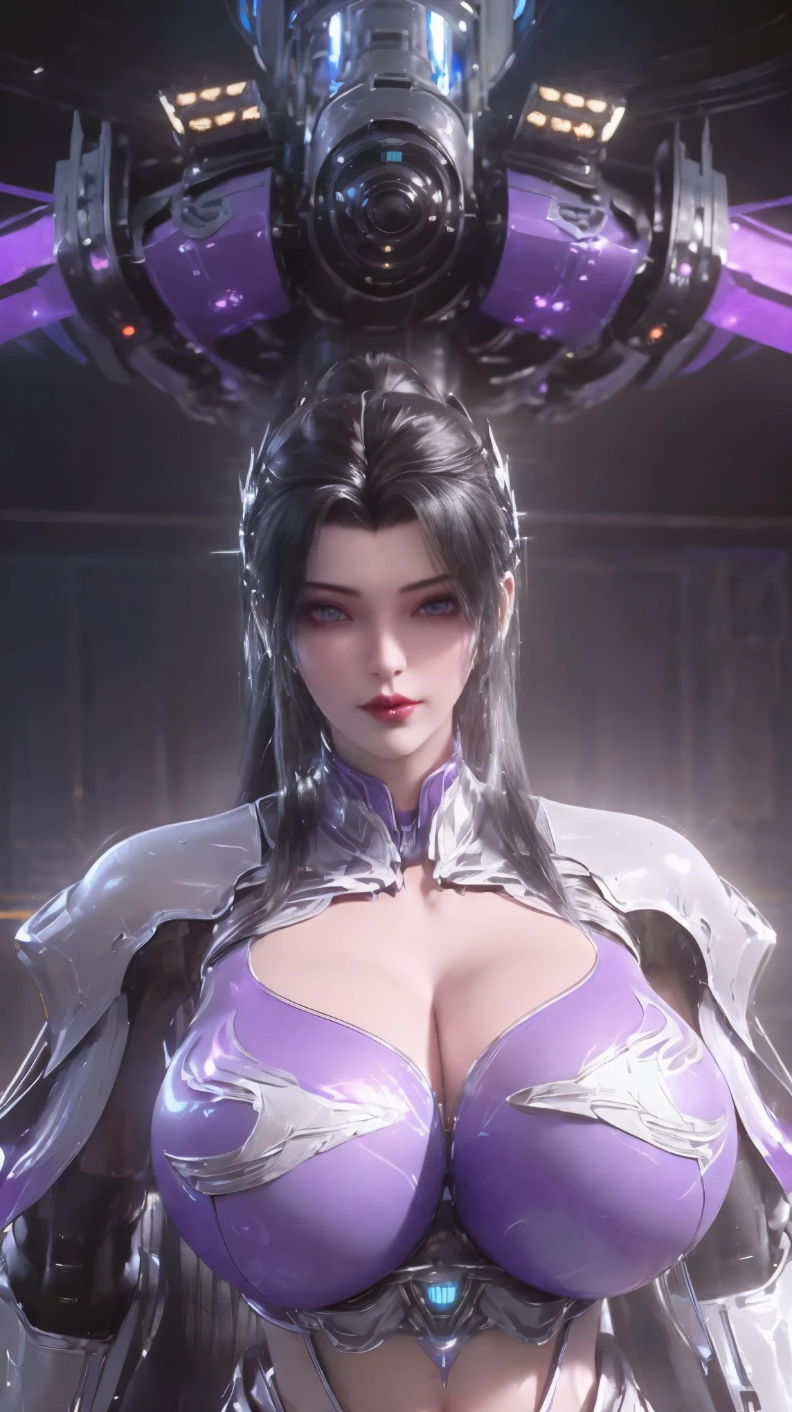 1GIRL,SOLO,UPPER BODY, ((BEAUTY BLACK HAIR)), (GIGANTIC FAKE BREAST:1.5), ((CLEAVAGE:1.5)), (MUSCLE ABS:1.3), (LED PURPLE WHITE SHINY FUTURISTIC MECHA CYBER CROP TOP, BLACK MECHA SKINTIGHT LEGGINGS:1.5), (BUSTY PERFECT BODY MATURE WOMAN, SWEATY BUSTY BODY:1.2), (LOOKING AT VIEWER:1.3), (female focus:0.8), (HALLROOM OF FUTURISTIC SPACE STATION:1), (BRIGHT LIGHT WHITE_ROOM:1.3), HYPER TEXTURE, (4X MSAA), ((UNREAL ENGINE 5 RENDER)), PHYSICALLY-BASED RENDERING, ULTRA HIGHT DEFINITION, 16K, 1080P.