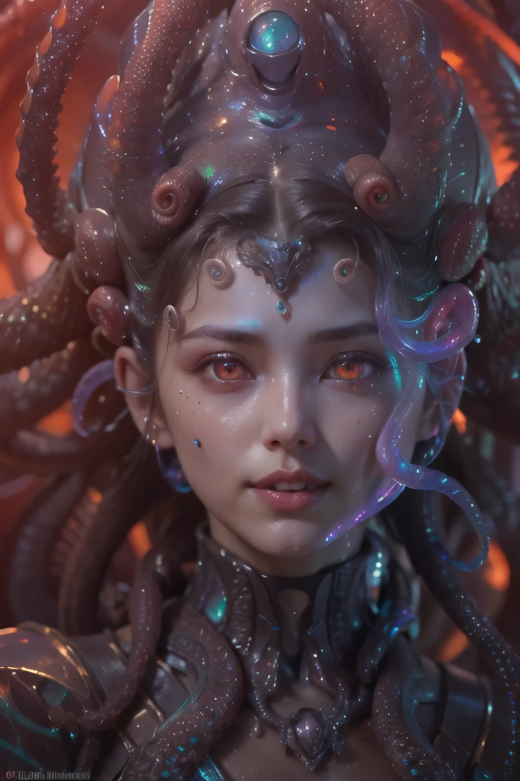 (1 beautiful and obscene female alien:1.4), (There is a female genital-like organ in the middle of her forehead:1.95), SHe has medusa-like hair, (there are lots of translucent tentacles from her head like her hair:1.8), (vulgarity1.7), (she is looking at viewers with glowing red eyes with no pupils:1.8), (She has translucent pale skin:1.7),(She has the most beautiful face in the history of the universe:1.2), (She has multiple bioluminescent organs on the side of her tentacles:1.4), (Her body is covered with an iridescent exoskeleton:1.6), (She is showing her arm pits:1.4), an evil gaze that seduces, (large mouth:1.1), (sharp teeth like a vampire:1.2), Full body portrait, (bio luminescent:1.5), (Smile wickedly:1.3), (sexypose:1.5), alien, No humans, cells are fused, extraterrestrial, cell, bio image, masterpiece, ultra high resolution, (photos realistic:1.7), scary and sexy detailed art in color, best quality, 8K,In 4K_quality, High freshness, Dramatic Lighting, cinematic quality, (exquisite details:1.2), High freshness, drawing faithfully, (Thick eyebrows:1.2), Beautiful eyes with fine symmetry,(Highly detailed face and eyes:1.2),(Super detailed skin quality feeling:1.4), perfect anatomy, (Beautiful toned body:1.5), (Moist skin:1.2), not wearing makeup, (dark circles:1.1), long canines, cinematic drawing of characters, cinematic quality, (exquisite details:1.2), high resolution, High freshness, drawing faithfully, official art, Unity 8K Wall paper, ultra detailed artistic photography, midnight aura, unreal engine 5, Ultra Sharp Focus, art by Amano Yoshitaka, ArtGerm, Roisch, intricate artwork,ultra realistic realism, dream-like, Creation of fantasy, dream Snail, (biopunk nautilus:1.3),Thrilling color schemes, seductively smiling, Amazing mutation, well-proportioned body, goddess of the deep sea, fractal, Geometric pattern, impossible figures,(asymmetry:1.4), (white tentacles with blue stripes:1.4), subtle emerald green accents, (expression of ecstasy:1.6)