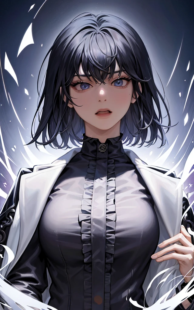 (masterpiece, best quality:1.2), intricate details, han sooyoung, 1girl, bangs, white coat, black shirt, long sleeves, (shirt, tie, pants:0.5) (detailed realistic face), (((hyperdetailed))), zoomed out, symmetrical face, detailed pupil, expressive eyes, makeup, real photography, modern look, Real photography (Realisitc:1.5), short hair, shocked, stricken 
