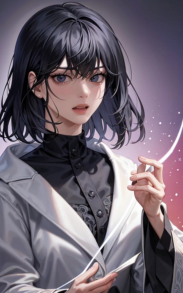 (masterpiece, best quality:1.2), intricate details, han sooyoung, 1girl, bangs, white coat, black shirt, long sleeves, (shirt, tie, pants:0.5) (detailed realistic face), (((hyperdetailed))), zoomed out, symmetrical face, detailed pupil, expressive eyes, makeup, real photography, modern look, Real photography (Realisitc:1.5), short hair, shocked, stricken