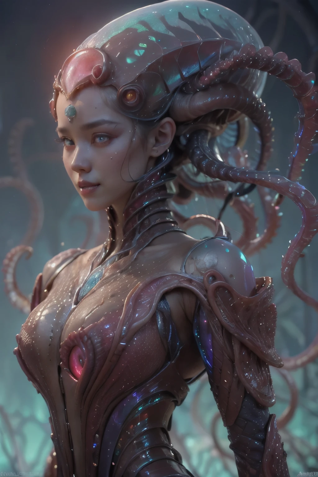 (1 beautiful and obscene female alien:1.4), (There is a female genital-like organ in the middle of her forehead:1.95), SHe has medusa-like hair, (there are lots of translucent tentacles from her head like her hair:1.8), (vulgarity1.7), (she is looking at viewers with glowing red eyes with no pupils:1.8), (She has translucent pale skin:1.7),(She has the most beautiful face in the history of the universe:1.2), (She has multiple bioluminescent organs on the side of her tentacles:1.4), (Her body is covered with an iridescent exoskeleton:1.6), (She is showing her arm pits:1.4), an evil gaze that seduces, (large mouth:1.1), (sharp teeth like a vampire:1.2), Full body portrait, (bio luminescent:1.5), (Smile wickedly:1.3), (sexypose:1.5), alien, No humans, cells are fused, extraterrestrial, cell, bio image, masterpiece, ultra high resolution, (photos realistic:1.7), scary and sexy detailed art in color, best quality, 8K,In 4K_quality, High freshness, Dramatic Lighting, cinematic quality, (exquisite details:1.2), High freshness, drawing faithfully, (Thick eyebrows:1.2), Beautiful eyes with fine symmetry,(Highly detailed face and eyes:1.2),(Super detailed skin quality feeling:1.4), perfect ???????, (Beautiful toned body:1.5), (Moist skin:1.2), not wearing makeup, (dark circles:1.1), long canines, cinematic drawing of characters, cinematic quality, (exquisite details:1.2), high resolution, High freshness, drawing faithfully, official art, Unity 8K Wall paper, ultra detailed artistic photography, midnight aura, unreal engine 5, Ultra Sharp Focus, art by Amano Yoshitaka, ArtGerm, Roisch, intricate artwork,ultra realistic realism, dream-like, Creation of fantasy, dream Snail, (biopunk nautilus:1.3),Thrilling color schemes, seductively smiling, Amazing mutation, well-proportioned body, goddess of the deep sea, fractal, Geometric pattern, impossible figures,(asymmetry:1.4), (white tentacles with blue stripes:1.4), subtle emerald green accents, (expression of ecstasy:1.6)