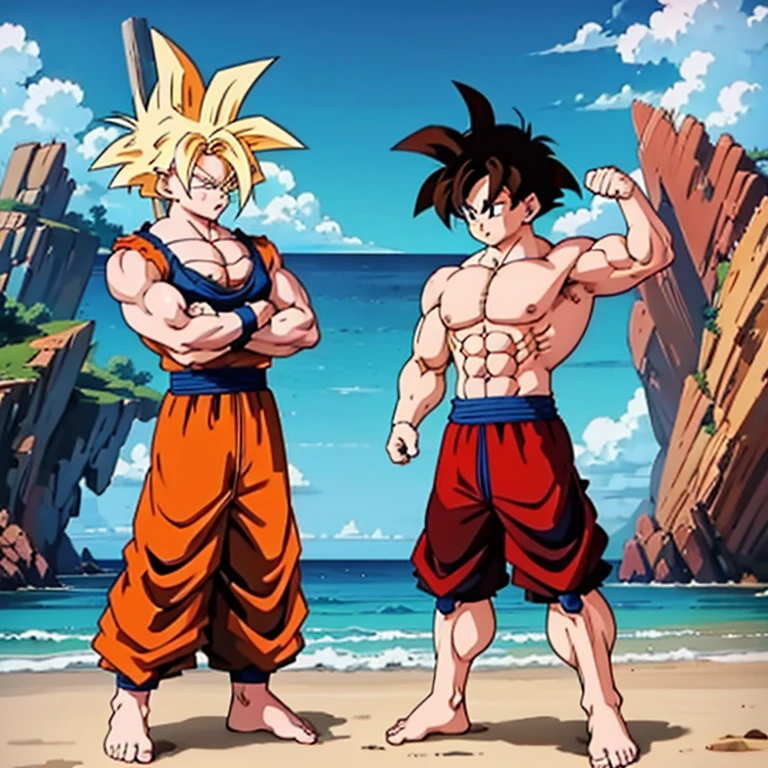 (Eine detaillierte Zeichnung von Son Goku, bodybuilding gym on the Beach.), shirtless, barefoot
