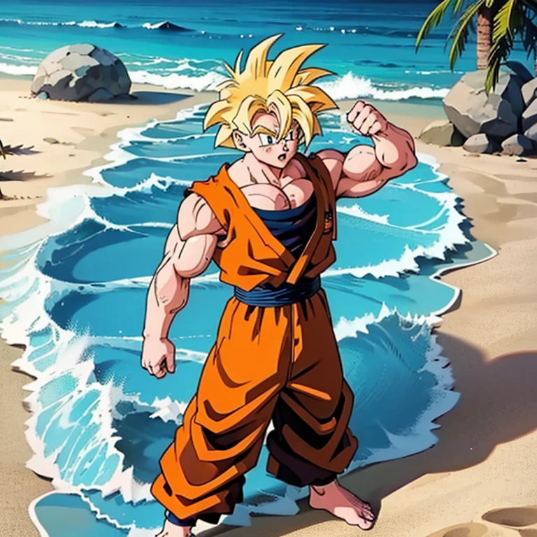 (Eine detaillierte Zeichnung von Son Goku, bodybuilding gym on the Beach.), shirtless, barefoot