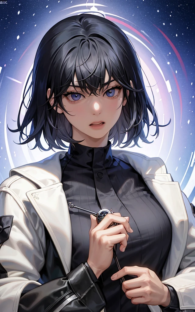 (masterpiece, best quality:1.2), intricate details, han sooyoung, 1girl, bangs, white coat, black shirt, long sleeves, (shirt, tie, pants:0.5) (detailed realistic face), (((hyperdetailed))), zoomed out, symmetrical face, detailed pupil, expressive eyes, makeup, real photography, modern look, Real photography (Realisitc:1.5), short hair, shocked, stricken, grief, disappointed, sad