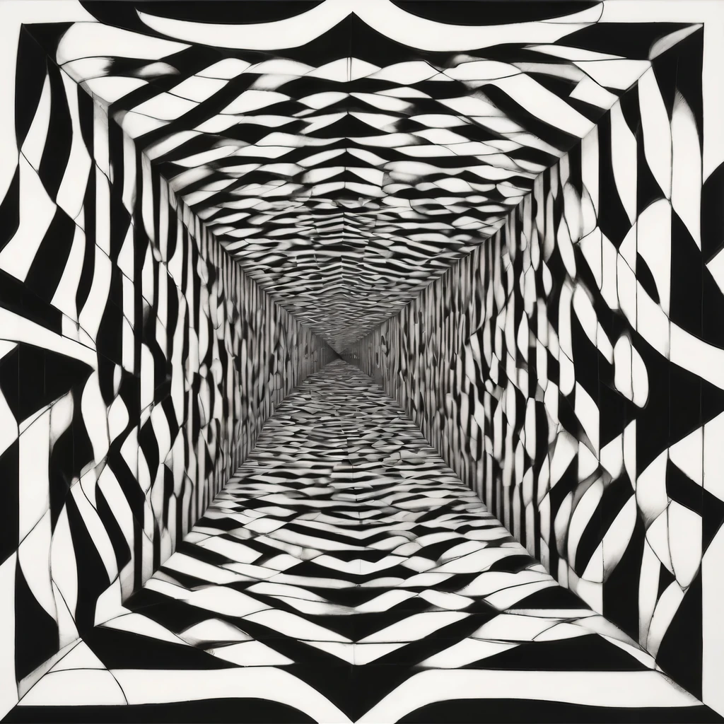 (Optical illusion art:1.3),Paradox diagram,line module,black and white,simple,Symmetric Zentangle,