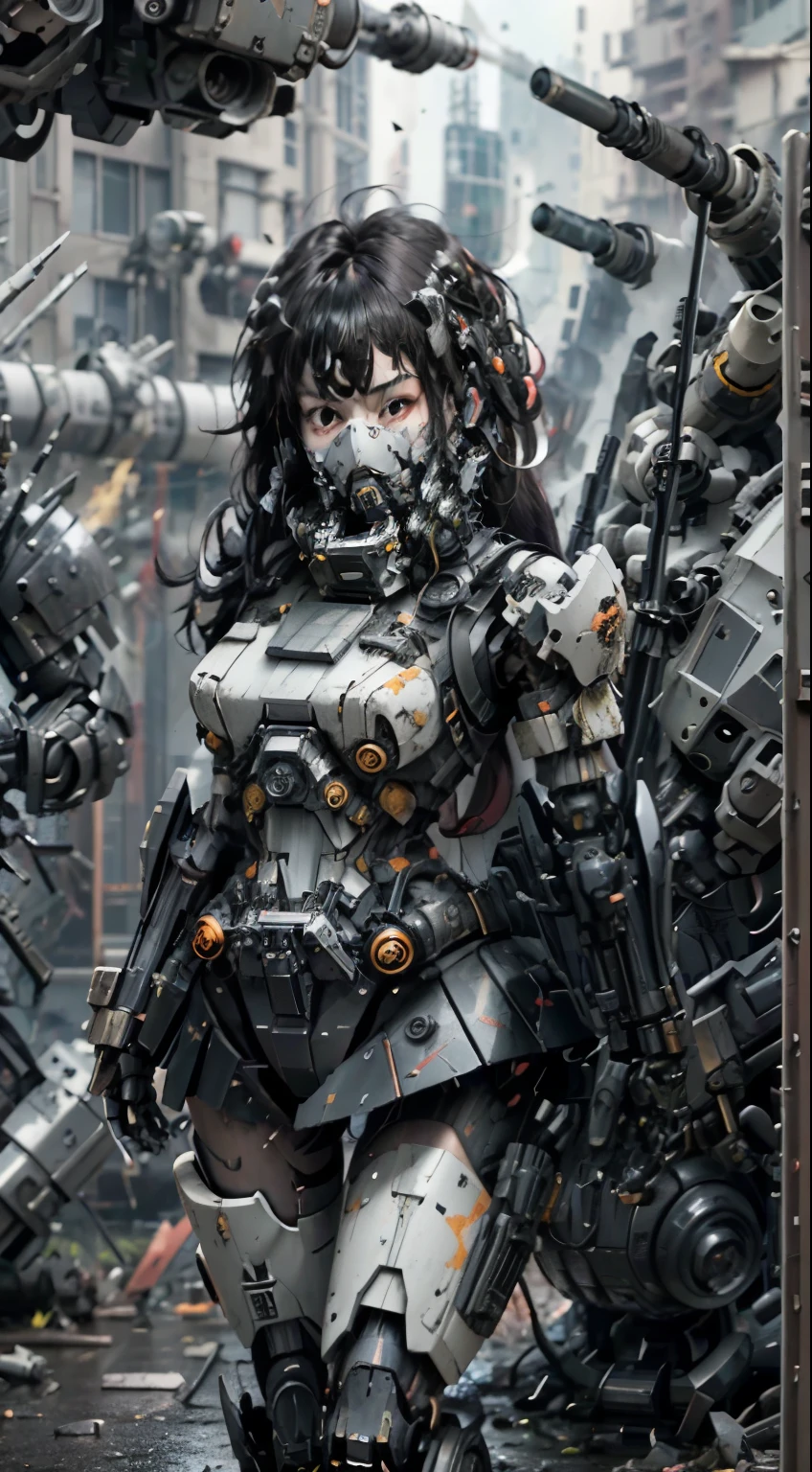 This is a CG Unity 8k wallpaper with ultra-detailed, high-resolution and top quality in cyberpunk style, dominated by black and red. In the picture, a beautiful girl with short white messy hair, a delicate face, wearing a steam mecha mask, standing on the ruins, (battle damage: 1.5), the action of a woman holding a heavy sniper rifle in her hand,