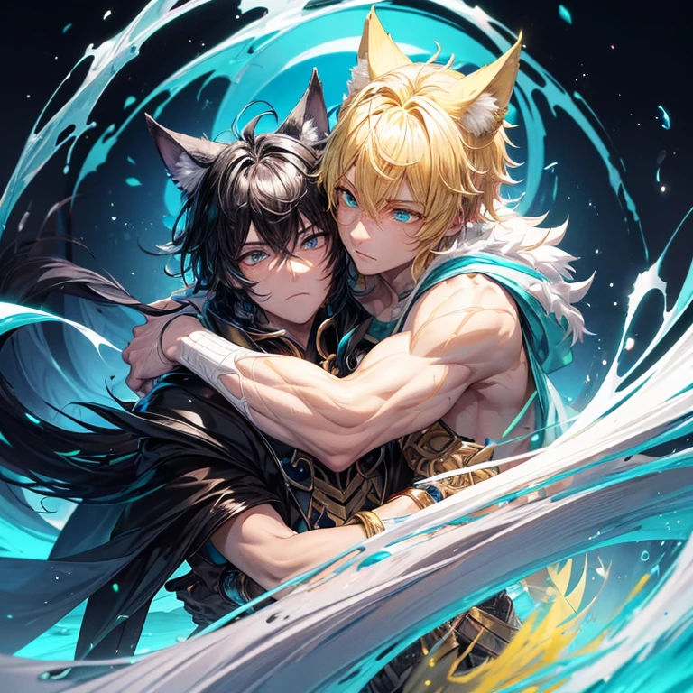 A male with blond hair and light yellow wolf ears, one yellow eye one red, likes the color green, a second male, black hair with blueish wolf ears, and greenish blue eyes, like the color blue (males only) 