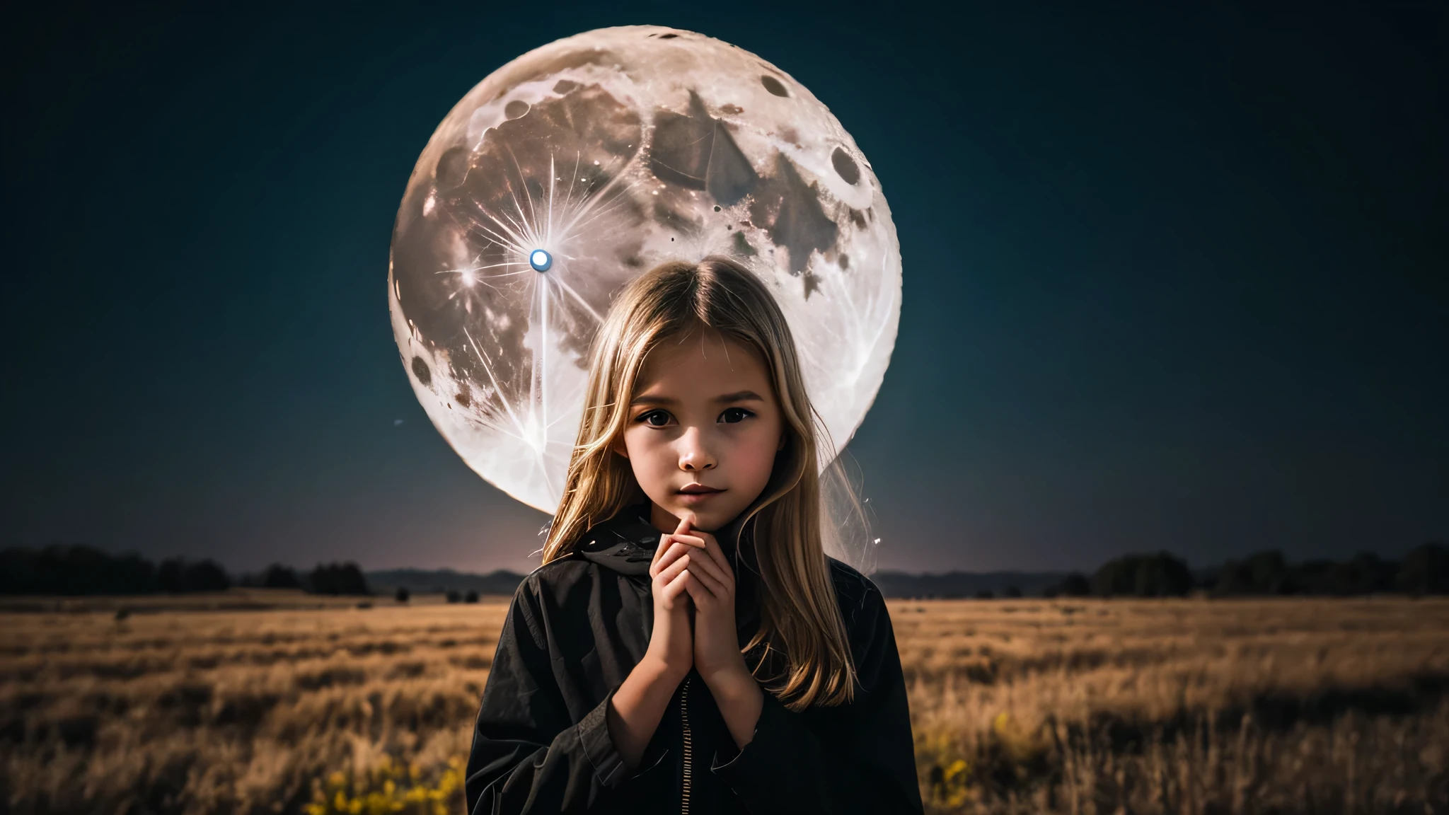 there is a young blonde girl
gored hands portrait standing in front of a moon.
