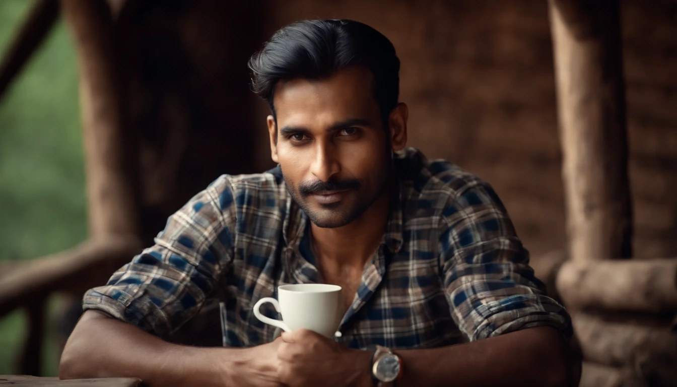 Handsome man wearing check shirt drinking tea at Indian village 