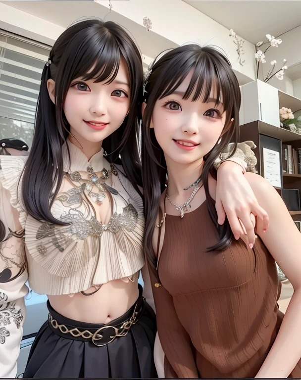 two Asian women posing for a photo in a room, Ulzzang, de garota taiwanesa com tatuagens, Yoshitomo Nara e Aya Takano, o corte Hime, corte de cabelo preto hime, they are pixivs and junji, Ayami Kojima e Lyde Caldwell, nixeu e sakimichan, duas lindas garotas de anime, ela tem cabelo preto com franja